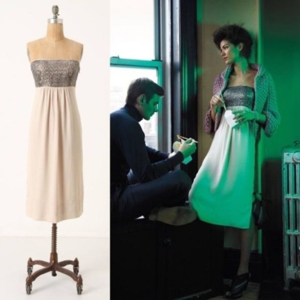 Anthro Floreat Dalian Strapless Sequin Dress Midi Slit Hardware